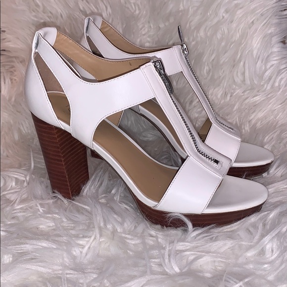 Franco Sarto 8 cream 4” heels zipper leather wood - Picture 5 of 8